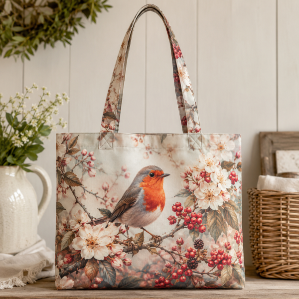 Robin illustrated on a zippered tote bag
