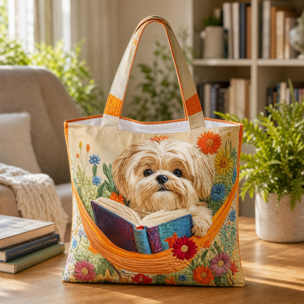 Shih Tzu Books illustrated on a zippered tote bag