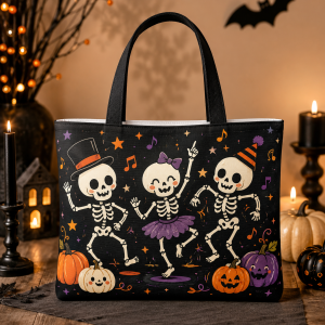 skeletondance illustration on a zippered tote bag
