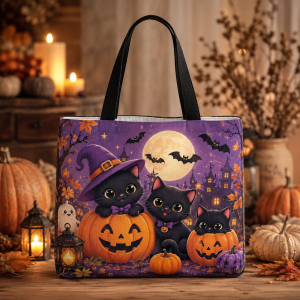 spookycats illustration on a zippered tote bag