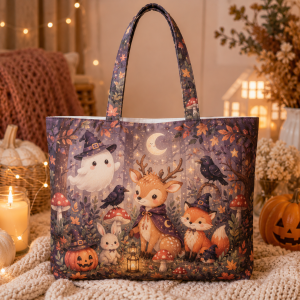 spookyforest illustration on a zippered tote bag