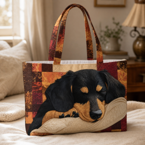 starburst-quilt__42x38_2000 Sleeping Black Dog Patchwork illustrated on a zippered tote bag