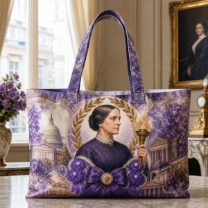Susan B. Anthony illustrated on a zippered tote bag