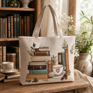 tea-stack-books Tea Stack Books illustrated on a zippered tote bag