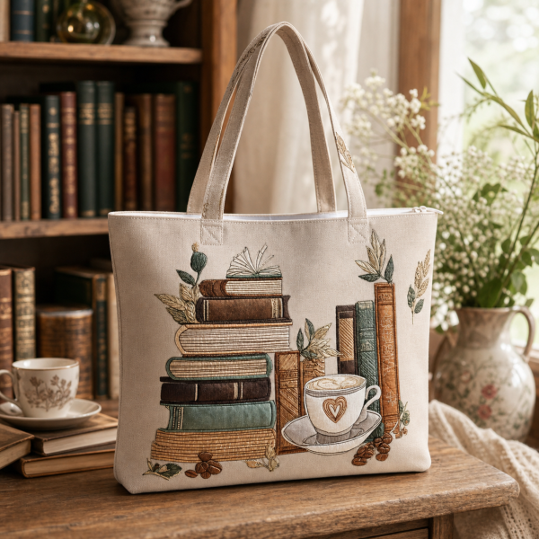 tea-stack-books Tea Stack Books illustrated on a zippered tote bag