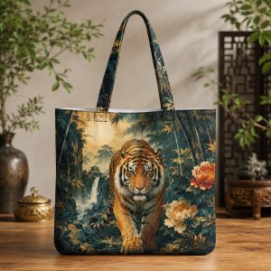 Tiger illustrated on a zippered tote bag