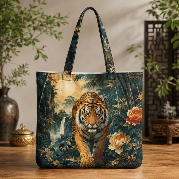 Tiger illustrated on a zippered tote bag