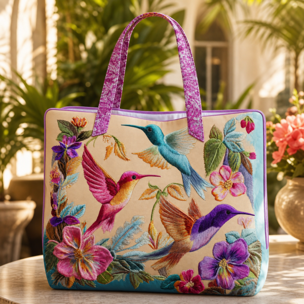 tropical-hummingbird_production-polyester-3dprint Tropical Hummingbird Flock illustrated on a zippered tote bag