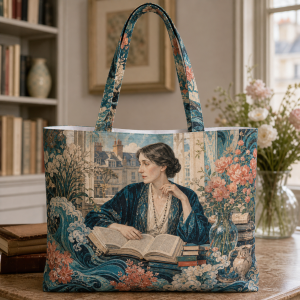 Virginia Woolf illustrated on a zippered tote bag
