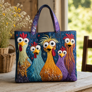 whimsical-chickens_production-polyester-3dprint Whimsical Chickens illustrated on a zippered tote bag