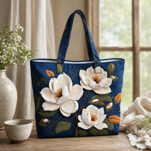 white-daisy-blue_polyester-digitalprint-42x38-2000 White Magnolia on Navy illustrated on a zippered tote bag