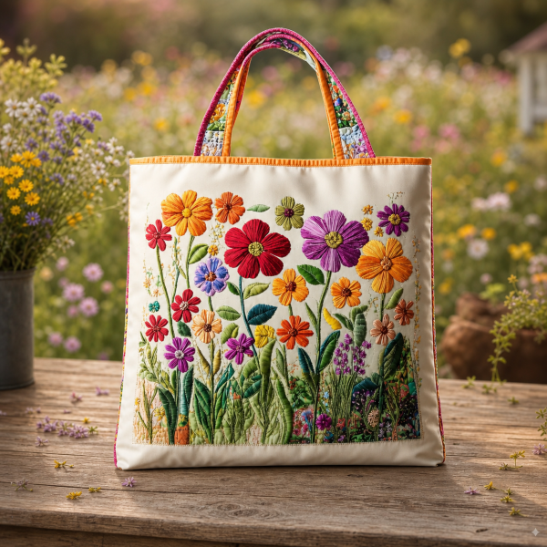 wildflower-meadow_premium-polyester-3d-42x38-1 Wildflower Meadow illustrated on a zippered tote bag