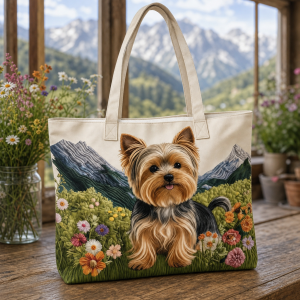 yorkie-meadow__42x38_2000 Yorkie Meadow illustrated on a zippered tote bag