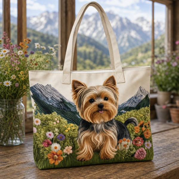 yorkie-meadow__42x38_2000 Yorkie Meadow illustrated on a zippered tote bag