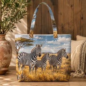 zebra Zebra illustrated on a zippered tote bag